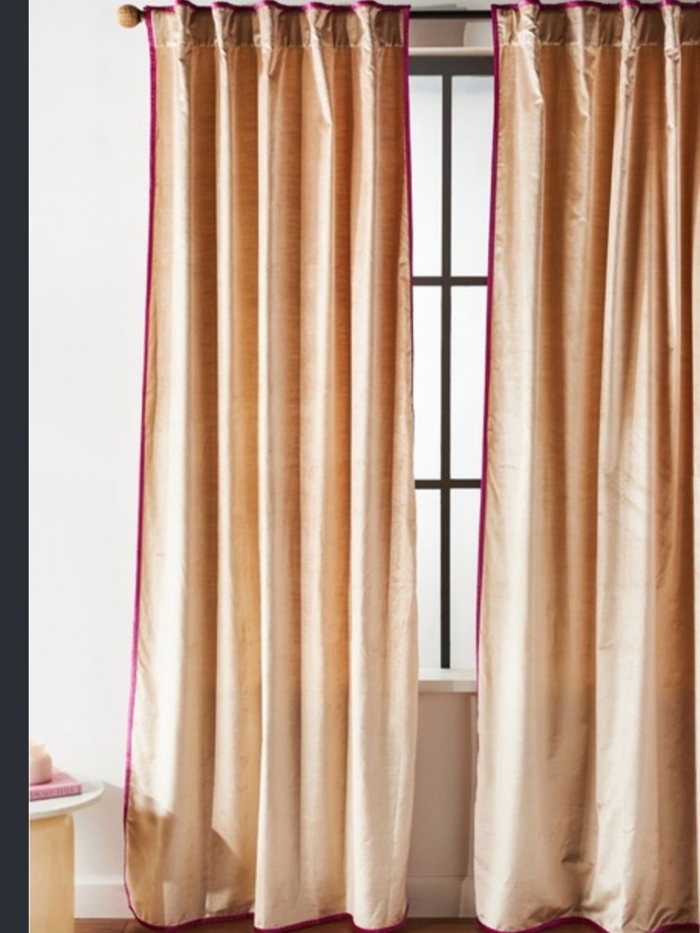 Anthropologie Velvet Drape in Champagne with Pink Trim 84x50